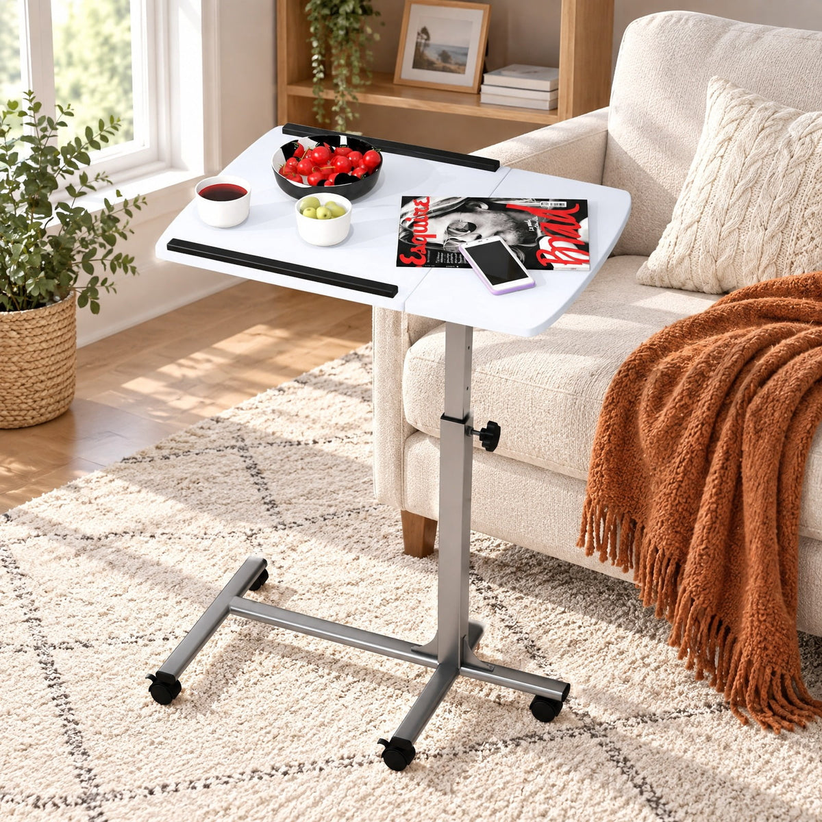 Airfind Adjustable Angle Height Rolling Laptop Table, Steel (frame) Frame, 23.5 x 16 x 24.5-36 (L x W x Adjustable H) Steel tube Footprint