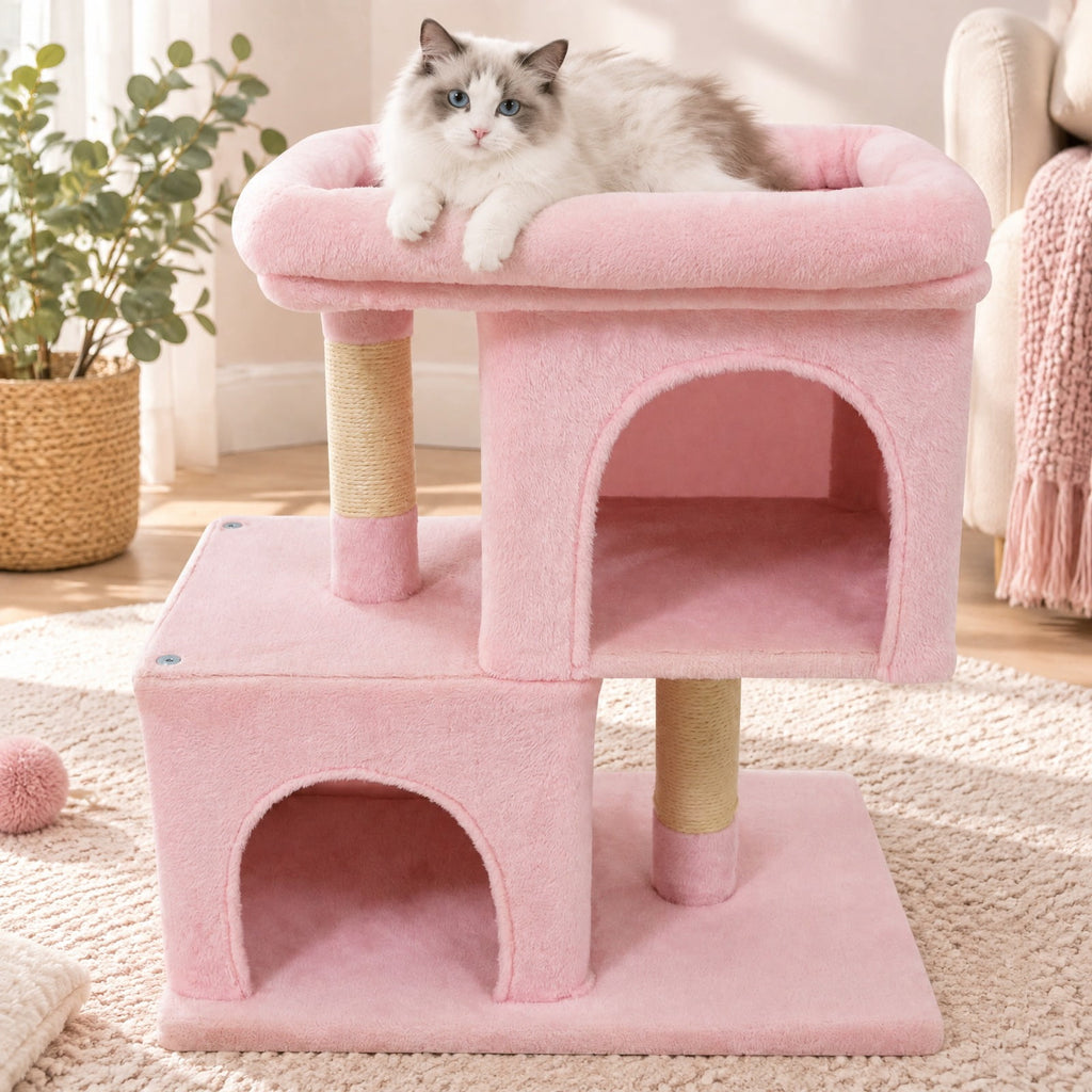 Airfind Modern Cat Tree Space-saving Cat Tower with Upholstered Perch and 2 Cat Condos, 22 lbs Capacity, 24 x 16 x 25.5 Condo Footprint, Pink