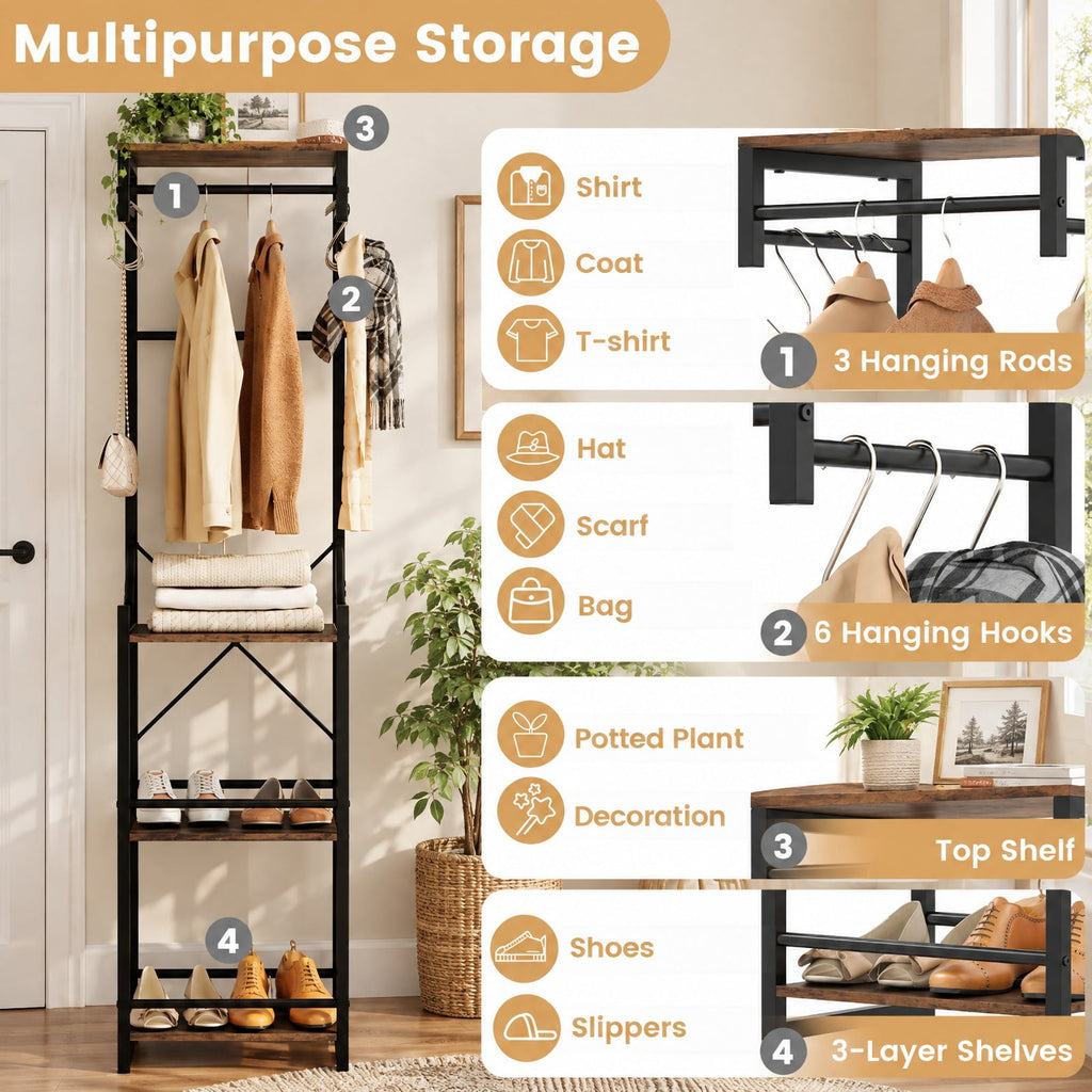 Airfind Freestanding Coat Rack with 4 Storage Shelves and 6 Hooks, 22 lbs Capacity, Metal Engineered Wood, 16 Inch x 12 Inch x 64 Inch , Brown