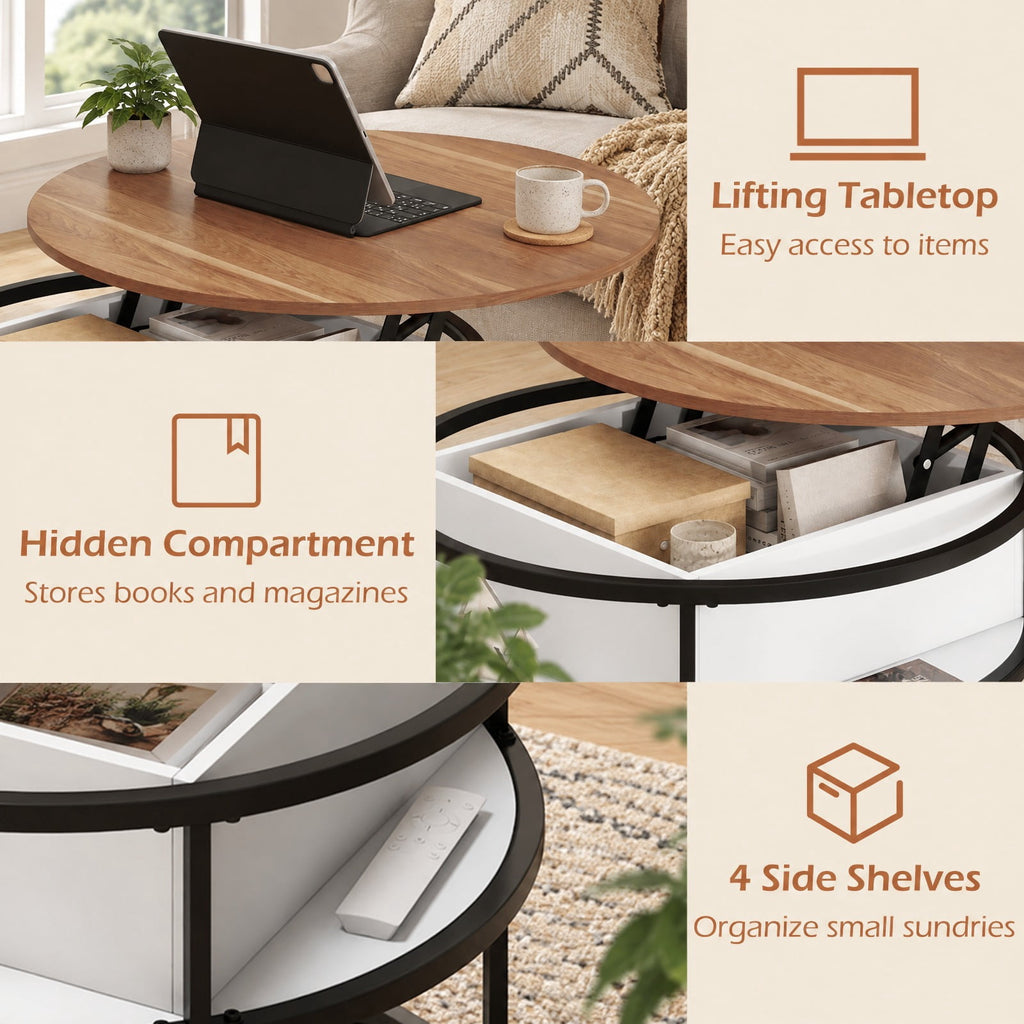 Airfind 31.5 Inch Round Lift Top Coffee Table with Hidden Compartment and Side Shelves, 110 lbs Capacity, Engineered Wood Metal Frame, Teak
