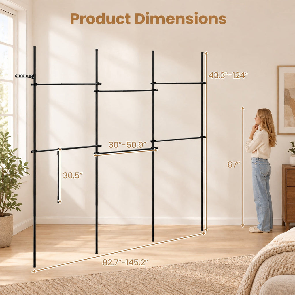 Airfind Adjustable Floor to Ceiling Clothes Rack with 6 Hanging Rods, Metal ABS Overall Frame, Black