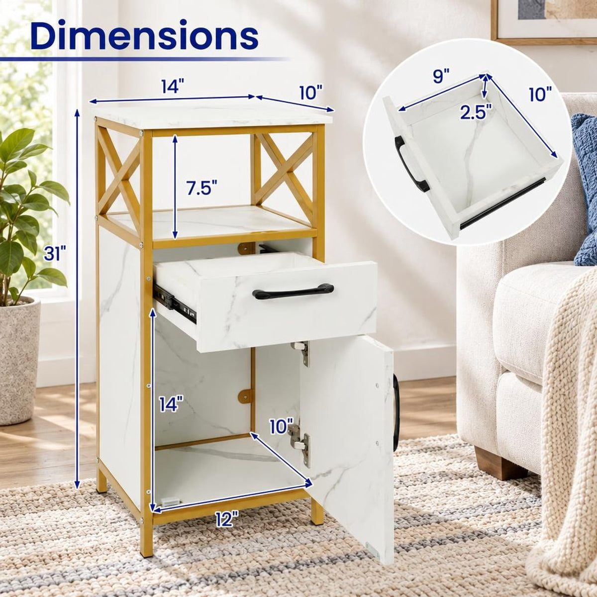 Airfind Bathroom Storage Cabinet with Drawer Single Door and Open Shelf, 44 lbs Capacity, Engineered Wood Metal Frame, 14in x 12in x 31in Footprint