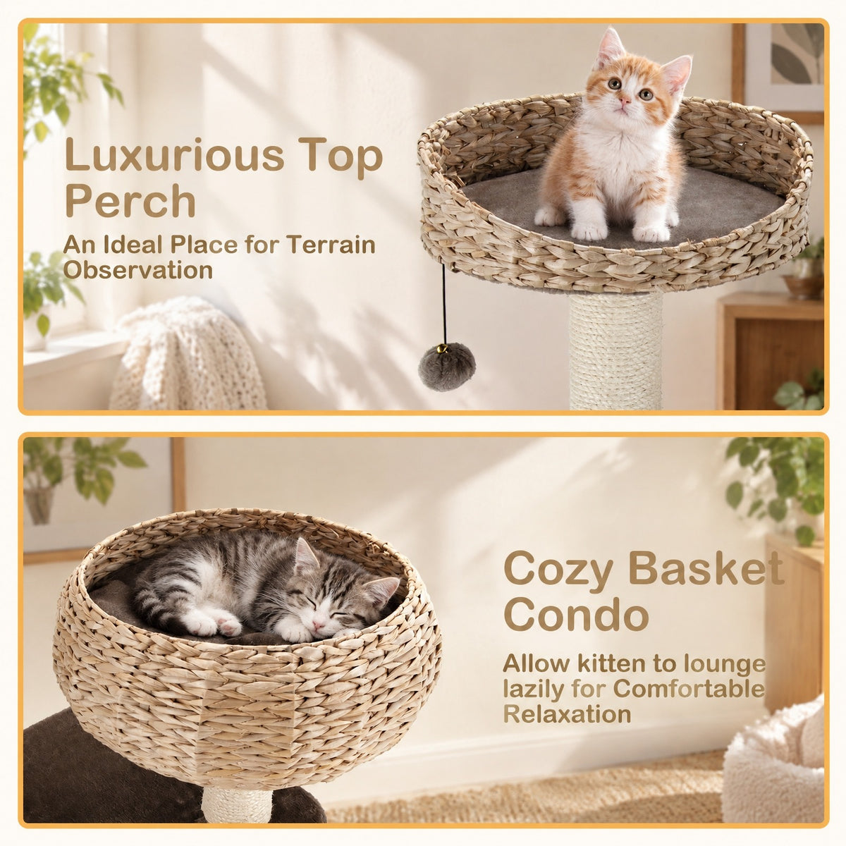 Airfind 41 Inch Rattan Cat Tree with Napping Perch, Water hyacinth straw sisal rope particle board Frame, Brown