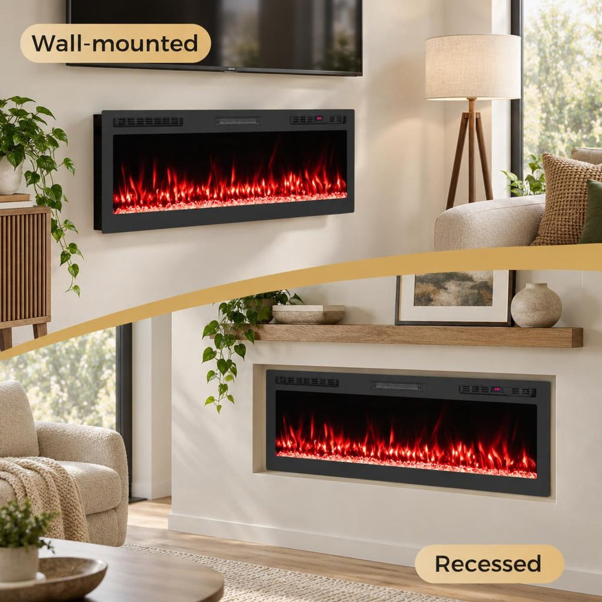 Airfind Smart WiFi Electric Fireplace Wall Mounted and Recessed 750W/1500W Heater-60 Inch, Black, Power Cord 5 ft Net Weight-36in 29.5 lbs