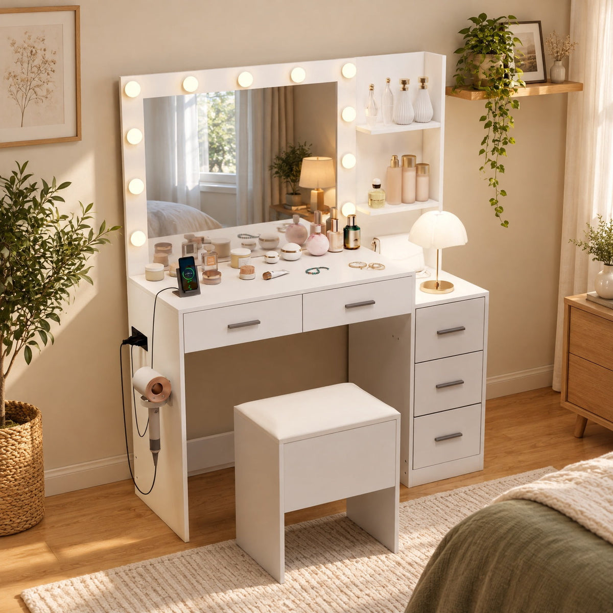 Airfind Makeup Table and Stool Set with Hair Dryer Stand, 230 lbs Capacity, MDF Frame, 43.5in x 16in x 54in Footprint, White
