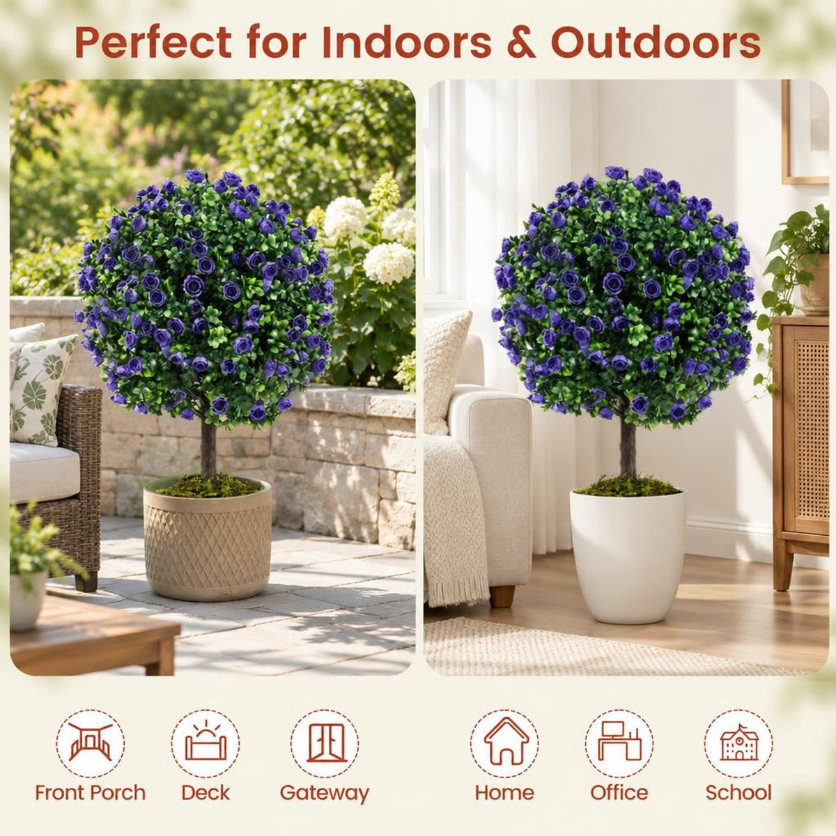 Airfind 22 Inch Set of 2 Artificial Purple Rose Topiary Ball Trees with Cement-Filled Pot, PE PP Cement Overall Height 22 Inch, Purple