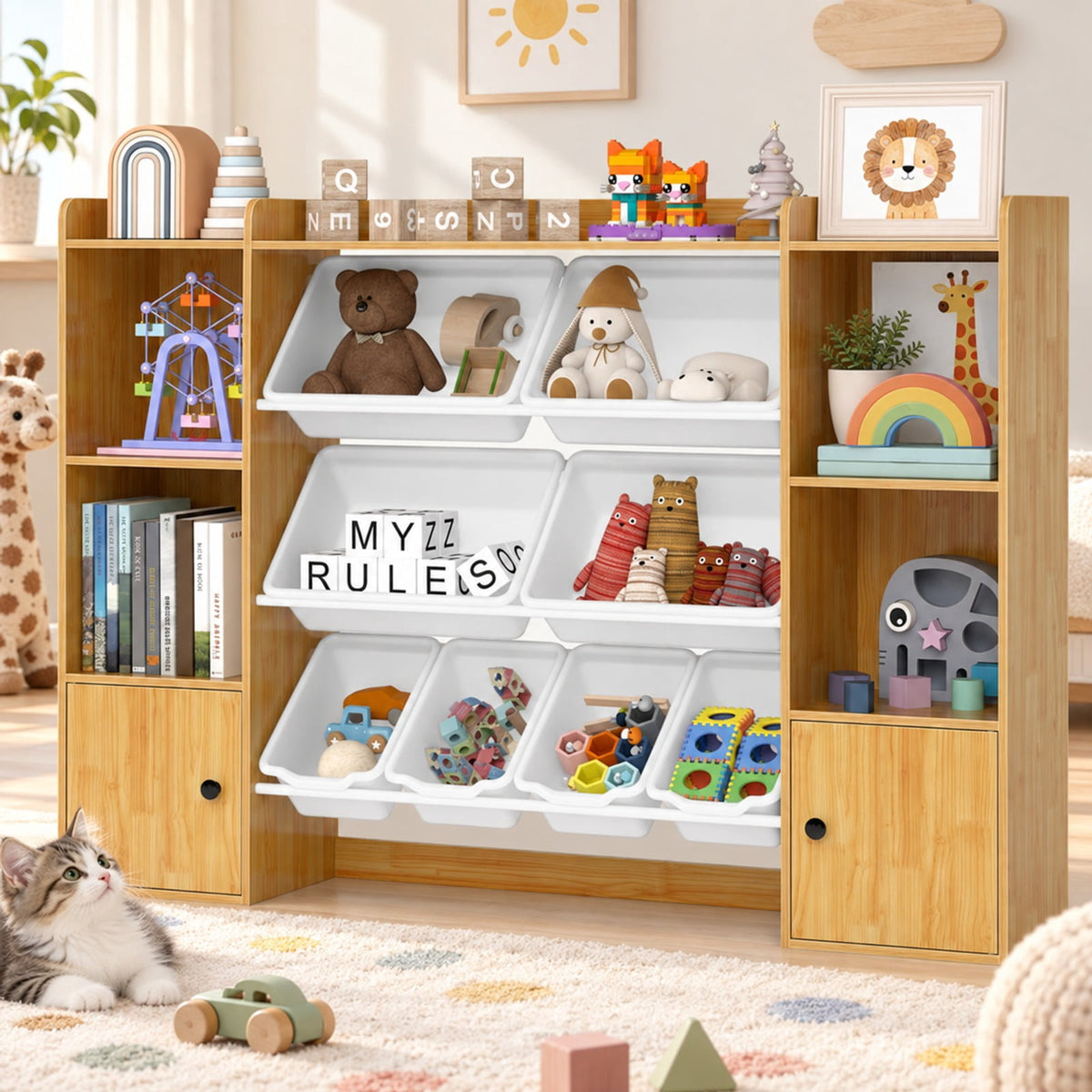 Airfind Kids Toy Storage and Bookshelf with Boxes and Open Shelves, 385 lbs Capacity, Engineered Wood Frame, for 3+ Years Old Total, Beige