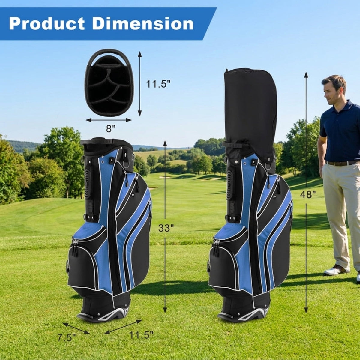 Airfind 10.5 in Golf Stand Bag with 14-Way Dividers and 7 Zippered Pockets featuring a rain hood with towel rings and dual carry straps for walking rounds, Navy