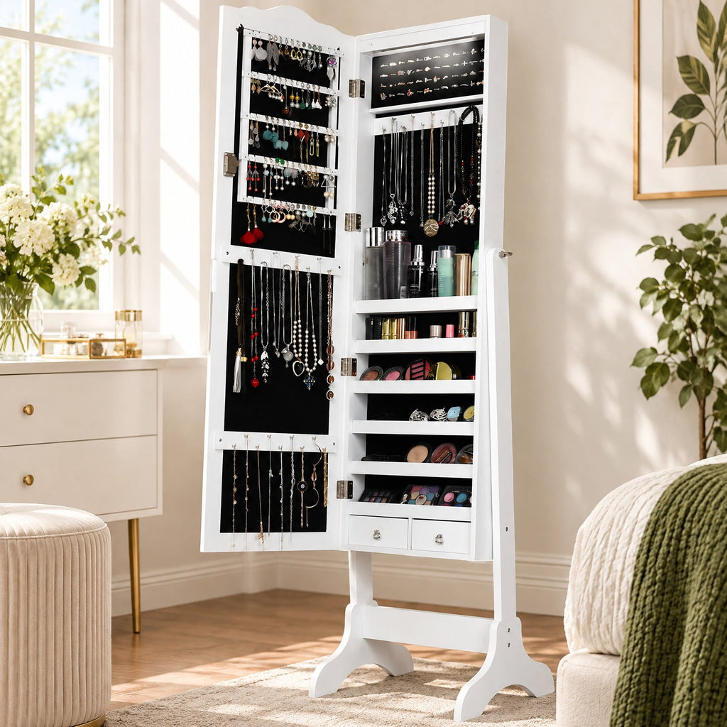 Airfind 14 LED Jewelry Armoire Cabinet with Full Length Mirror and 4 Tilting Angles, MDF board Frame, 18 x 14.5 x 63 Footprint, White