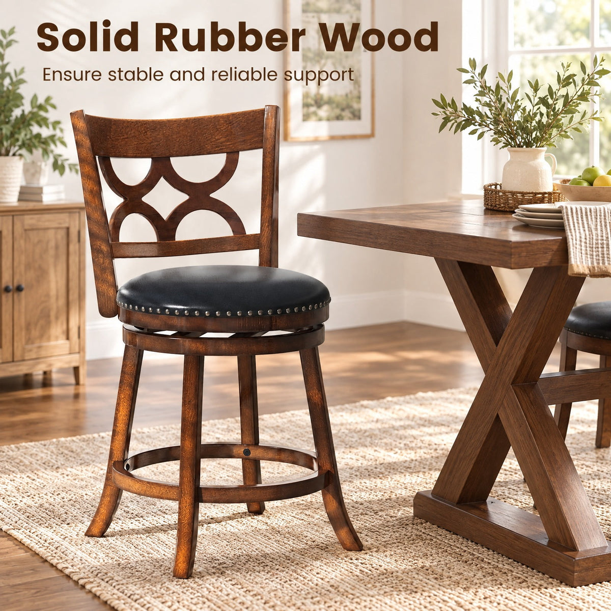 Airfind Swivel Bar Stools Set of 2 with High Backrest and Wood Frame-24 Inches, 330 lbs Capacity, Rubber Wood PVC Leather Sponge Frame, Expresso
