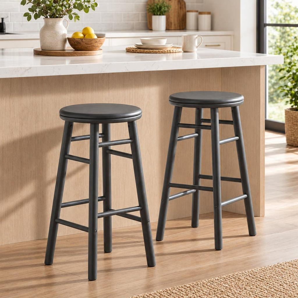 Airfind 24 Inch Swivel Bar Stools Set of 2 with Footrests and Crossbars, 330 lbs Capacity, Rubber Wood Frame, 13 Inch x 13 Inch x 24 Inch Footprint, Gray
