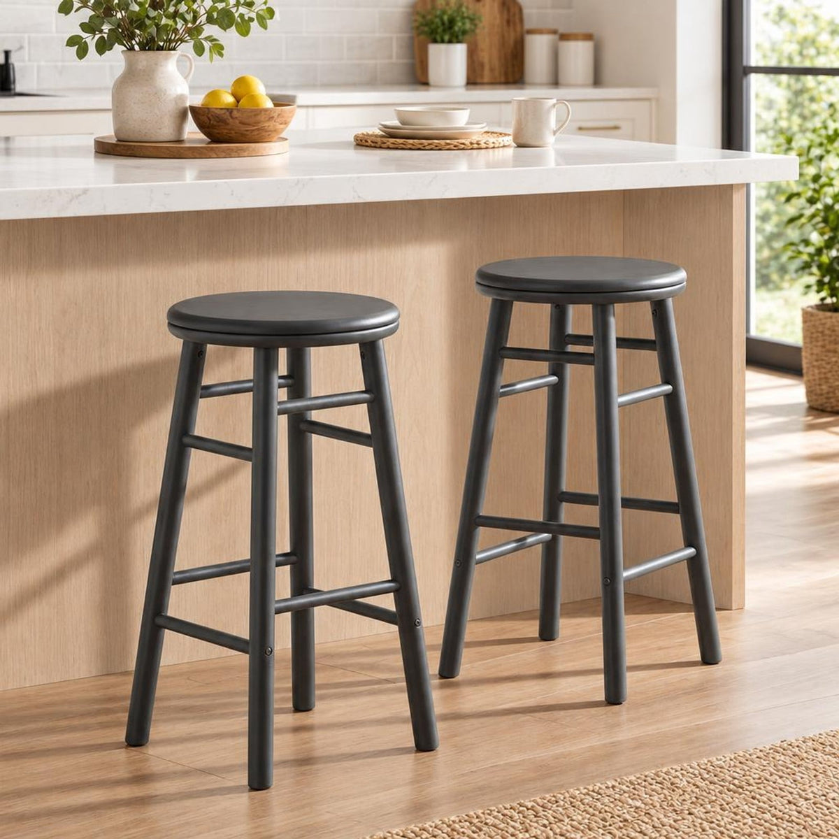 Airfind 24 Inch Swivel Bar Stools Set of 2 with Footrests and Crossbars, 330 lbs Capacity, Rubber Wood Frame, 13 Inch x 13 Inch x 24 Inch Footprint, Gray