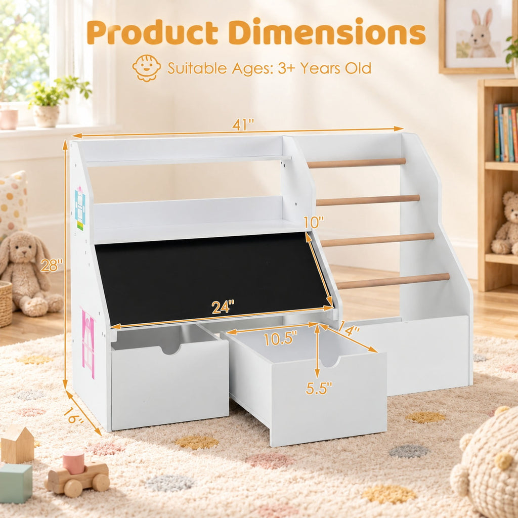 Airfind Kids Toy Storage Organizer with Flip-up Blackboard, Engineered Wood Pine Wood Frame, for 3+ Years Old, 41 Inch x 16 Inch x 28 Inch Footprint, White