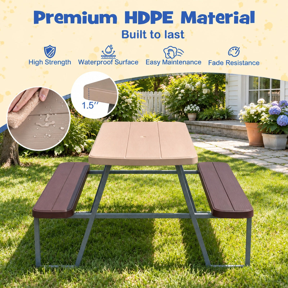 Airfind Kids Picnic Table with Benches Seats up to 4, 660 lbs Capacity, Metal Frame, for 3+ years old, 40 x 39.5 x 59 Tabletop Footprint, Brown