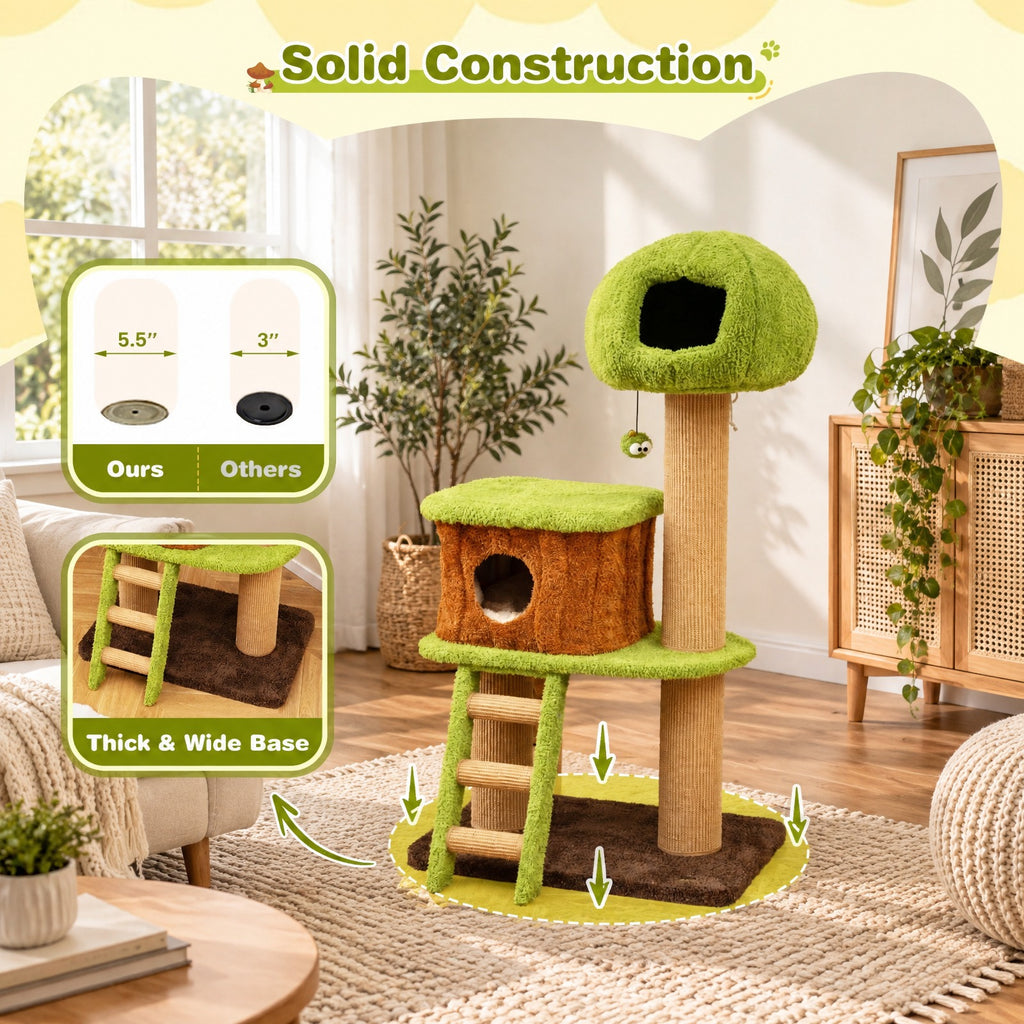 Airfind Cute Cat Tree for Indoor Cats with Mushroom-shaped Nest Condo and Climbing Ladder, 30 x 20 x 56 Cat Condo Footprint, Green