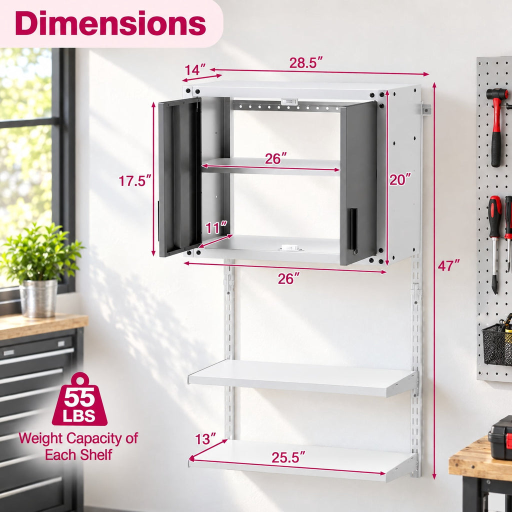 Airfind Metal Wall Cabinet with Lock and 3 Adjustable Shelves, 55 lbs Capacity, Metal Frame, 28.5in x 14in x 47in Footprint, Gray and White