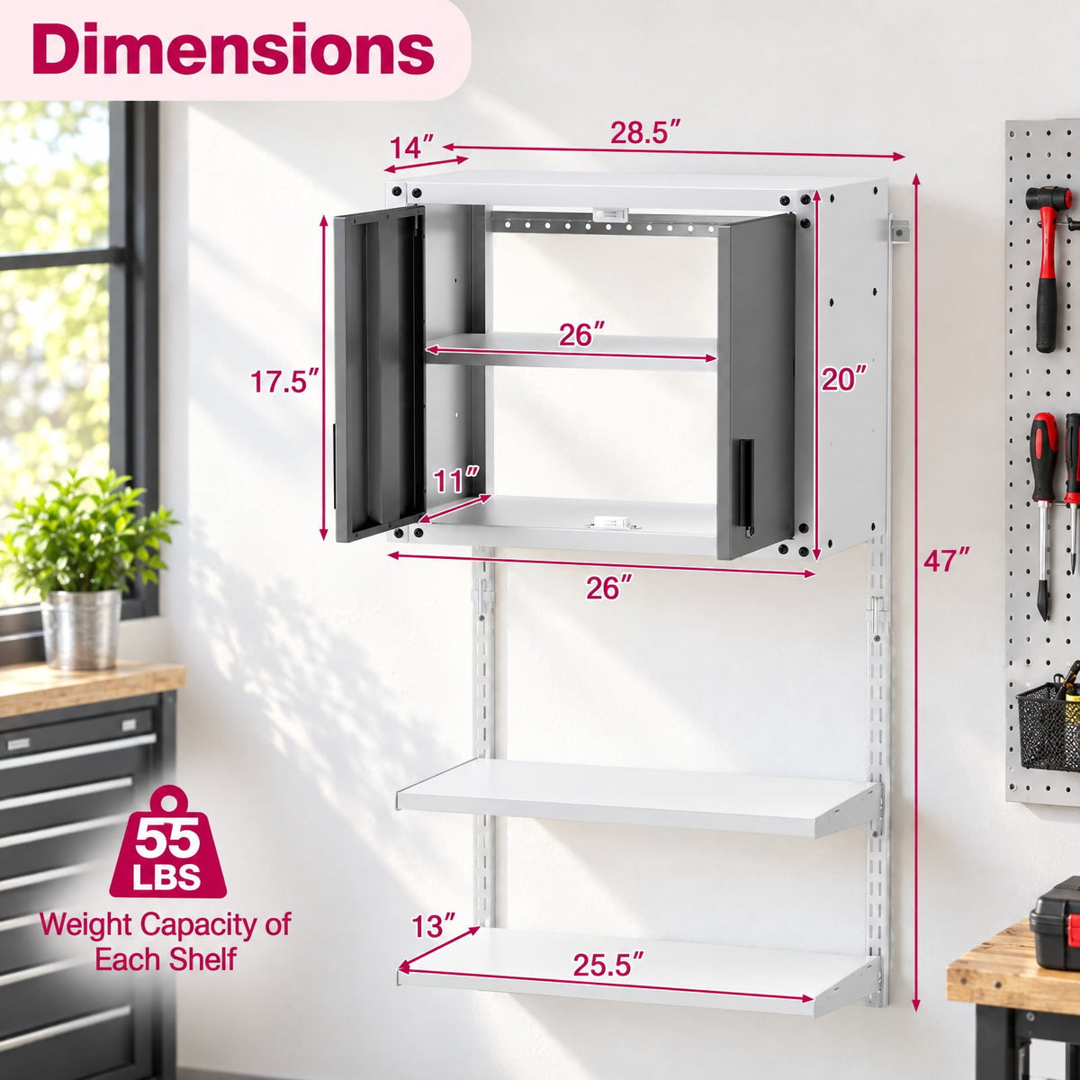 Airfind Metal Wall Cabinet with Lock and 3 Adjustable Shelves, 55 lbs Capacity, Metal Frame, 28.5in x 14in x 47in Footprint, Gray and White