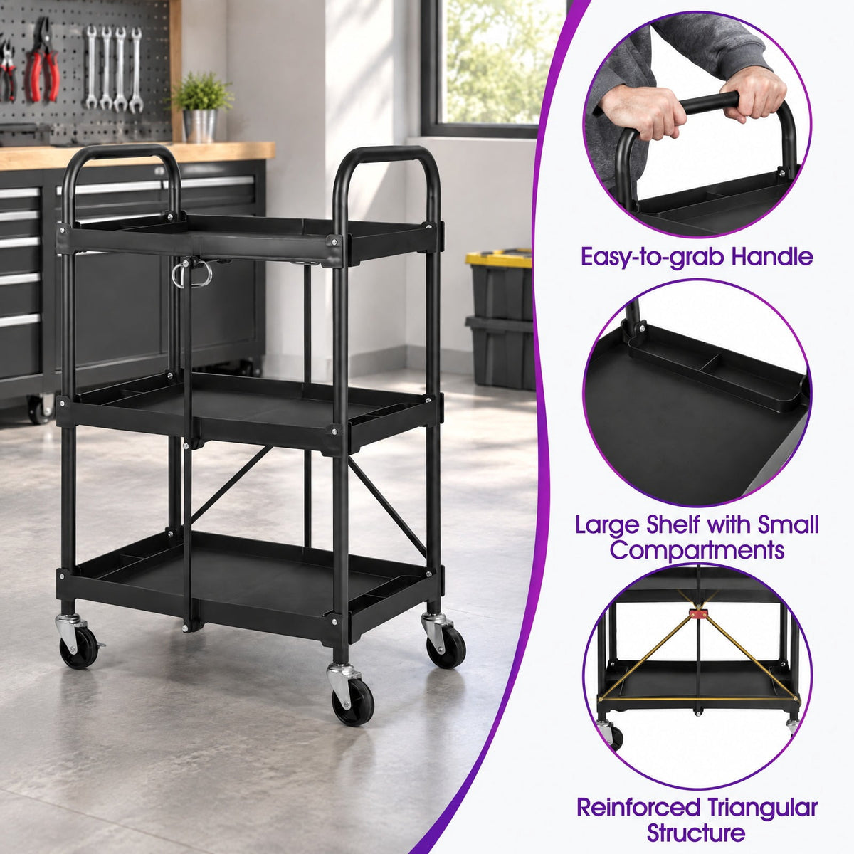 Airfind 3-Tier Folding Trolley Cart with Universal Wheels Heavy Duty for Warehouse, 33 lbs Capacity, Metal Frame, 24 x 16 x 38.5 Footprint, Black