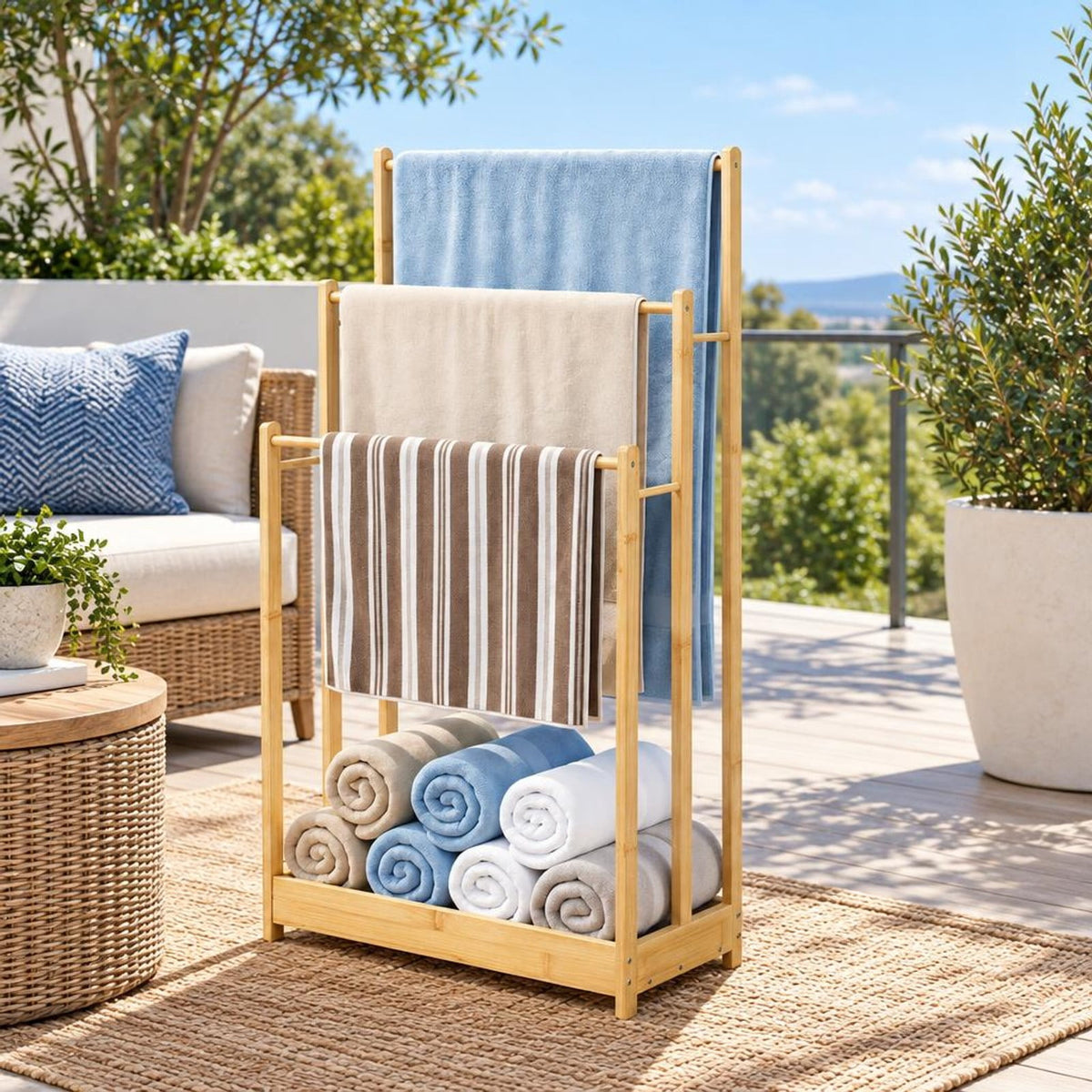AIRFIND Bamboo Towel Rack, 3 Tier Freestanding Bathroom Organizer with Lower Storage Shelf and 5.5 lb Holding Capacity, Natural