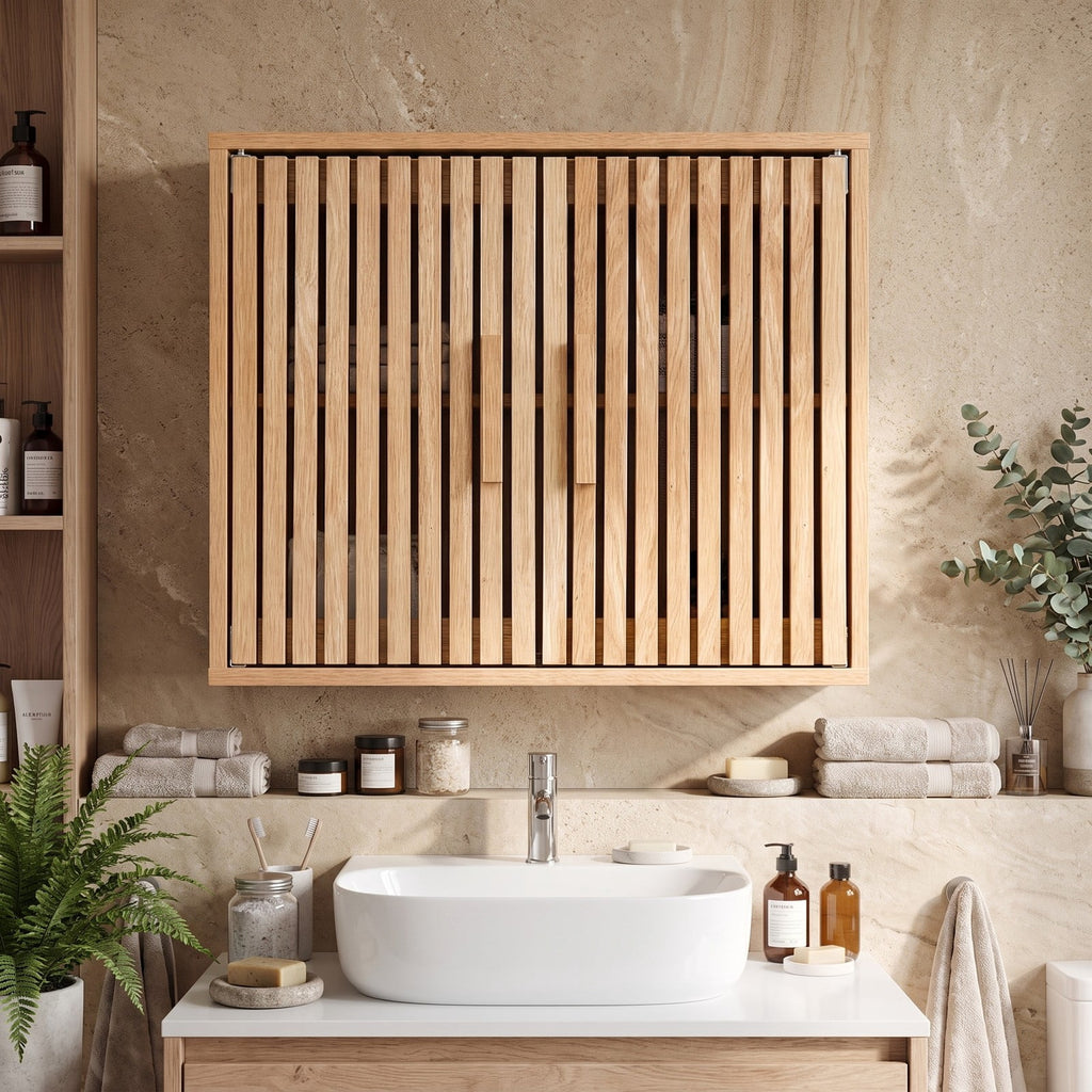 Airfind Bathroom Wall Cabinet with 2 Slatted Doors and 3-Level Adjustable Shelves, 22 lbs Capacity, Engineered Wood Frame, 24 x 8 x 20 Footprint