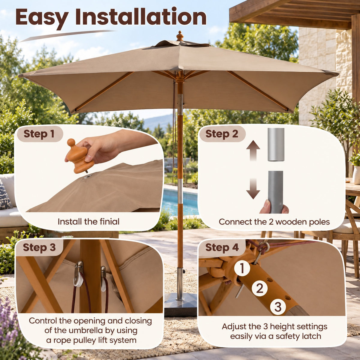 Airfind 7 Feet Outdoor Rectangular Patio Umbrella with 3 Adjustable Heights, Fabric Hardwood Bamboo Frame, 7 x 5.5 x 7.7 ft Umbrella Footprint