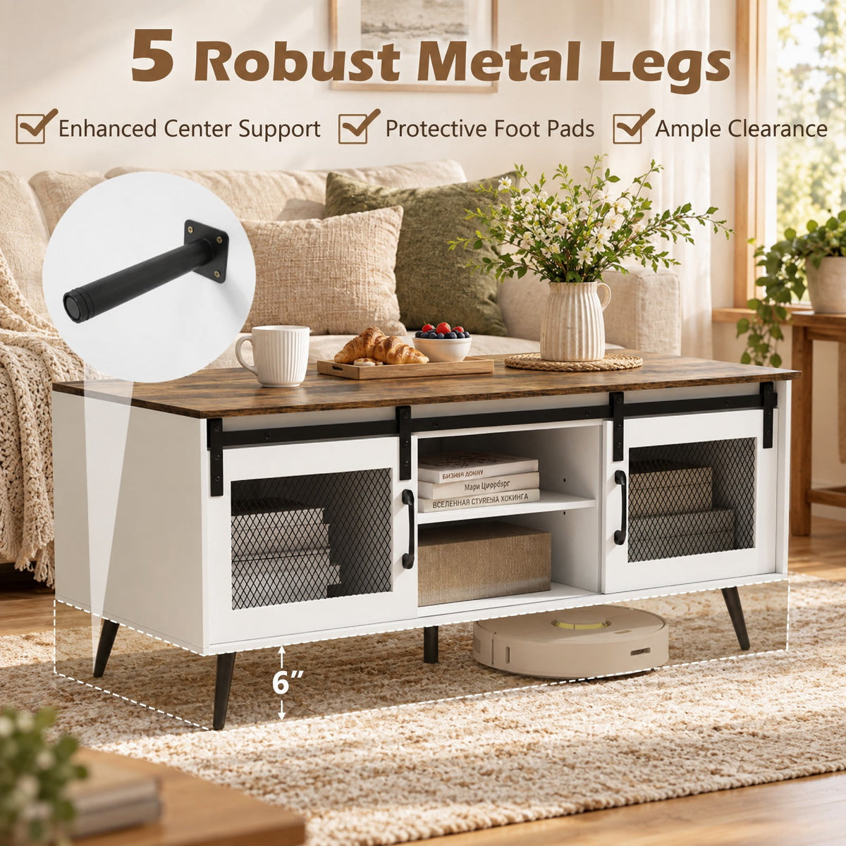 Airfind Farmhouse Coffee Table with Sliding Doors Rectangular with Adjustable Shelf, 100 Lbs Capacity, Engineered Wood Metal, Coffee