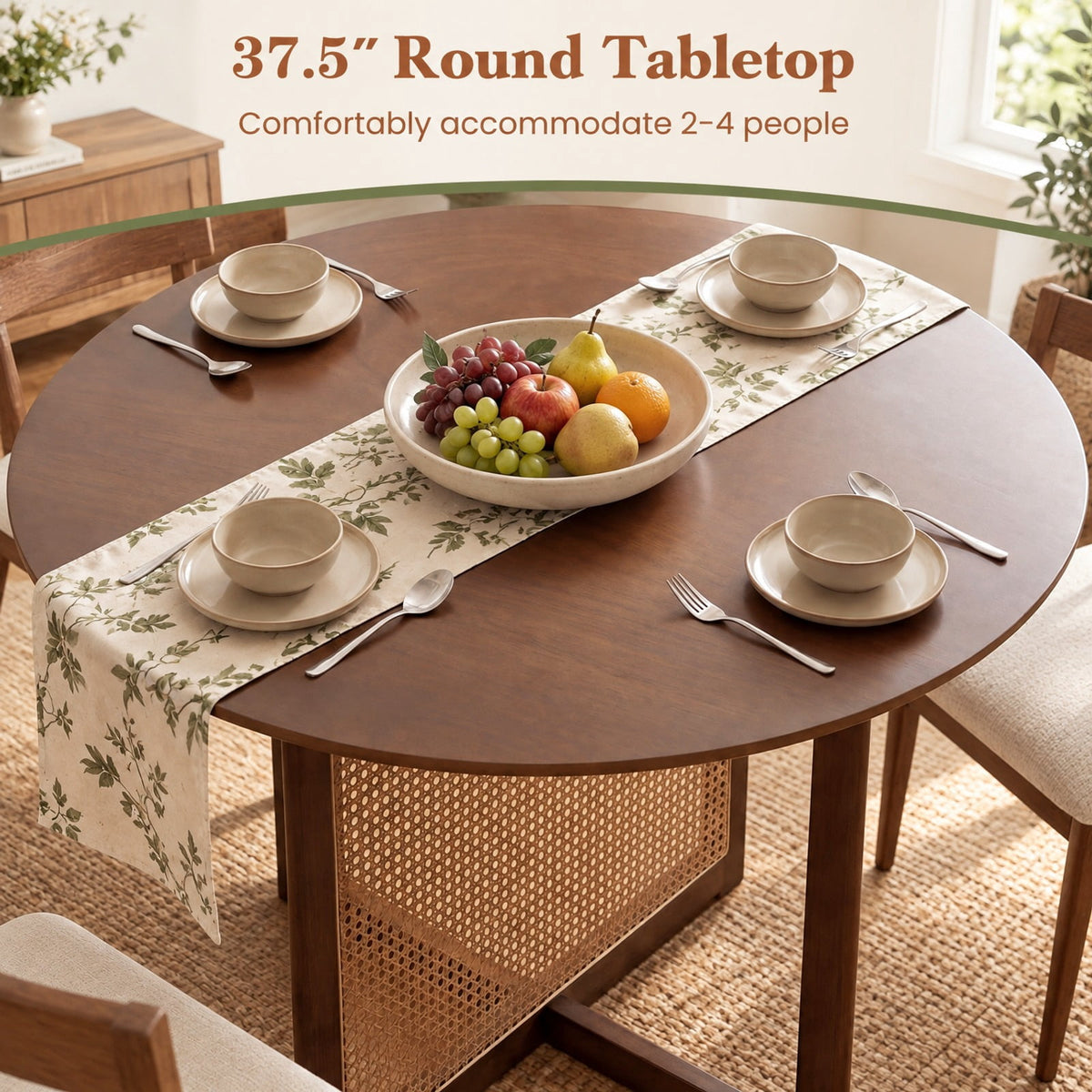 Airfind 37.5 Inch Round Dining Table with Cross Pedestal Base, 165 lbs Capacity, MDF Rubber Wood PE Rattan Frame, 37.5 x 29.5 Footprint, Walnut