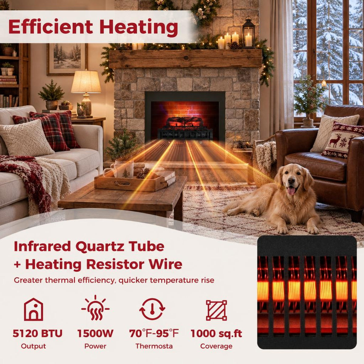 Airfind 23 Inch Infrared Quartz Electric Fireplace Pinewood Log Heater with Adjustable Flame, Metal ABS Resin Frame, Black
