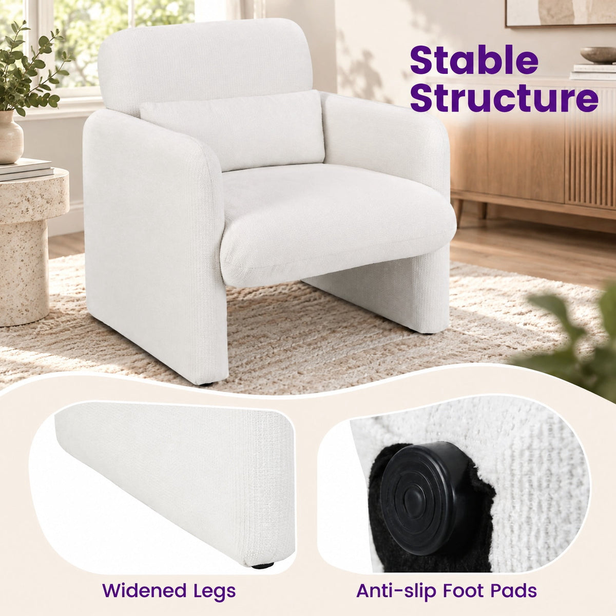 Airfind Modern Upholstered Chenille Accent Chair with Removable Lumbar Pillow, 330 lbs Capacity, Chenille Fabric Sponge PP Cotton Wood Frame, White