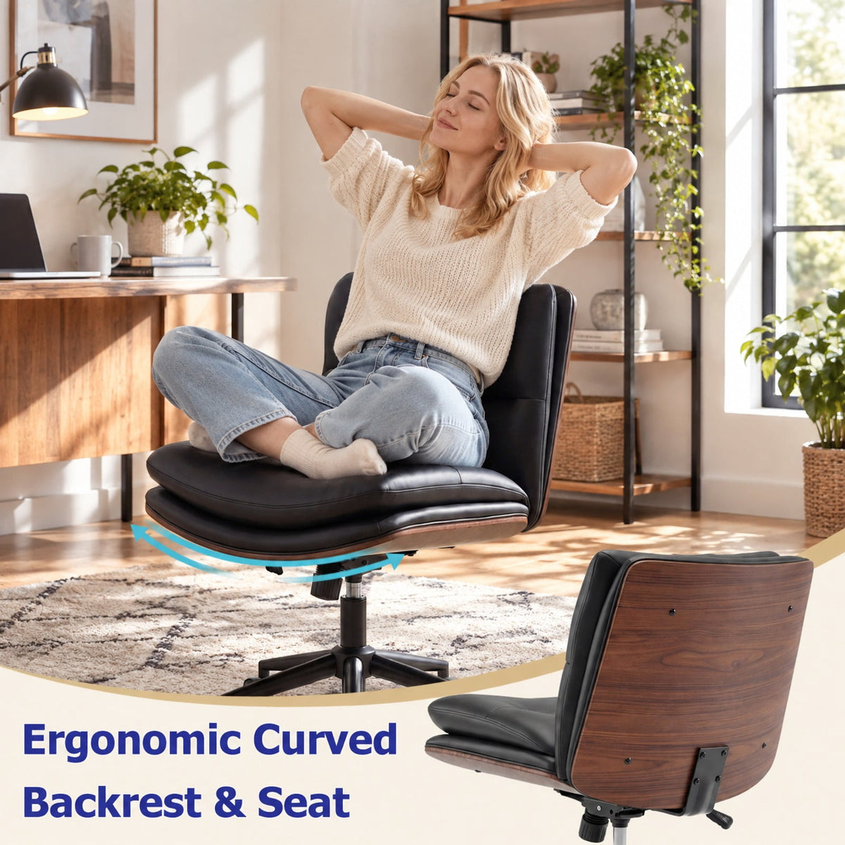 Airfind Armless Office Chair with Curved Backrest and Padded Seat, 245 lbs Capacity, Faux Leather Sponge Metal Plywood Frame, Black