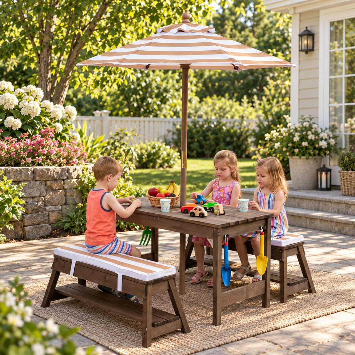 Airfind Outdoor Kids Wooden Picnic Table and Benches Set with Umbrella, 110 lbs Capacity, Fir Wood Nylon Fabric Sponge PP Frame, for 3+ Years Old