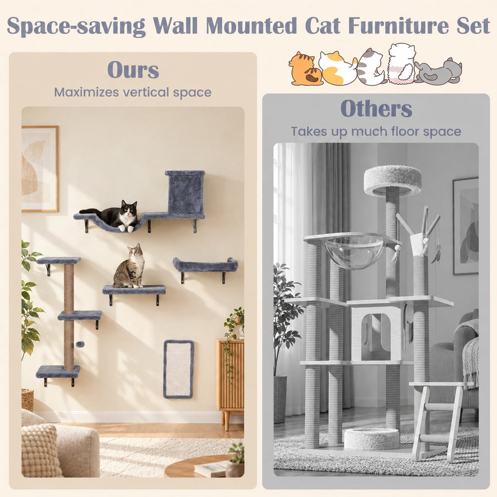 Airfind 5-in-1 Cat Wall Shelves with Condo Bridge Perch Platform Scratching Post and Board for Indoor, 22 lbs Capacity, Gray