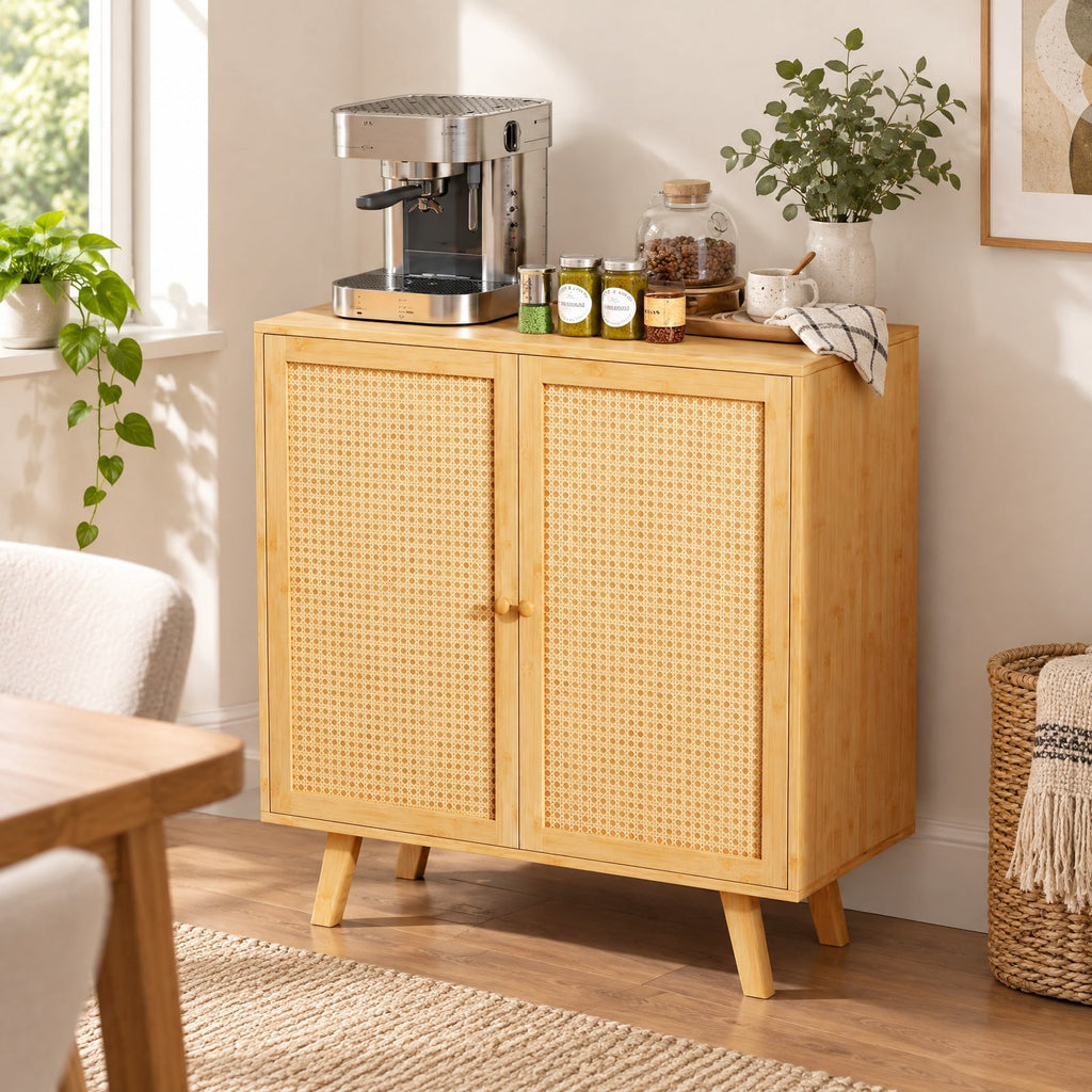 Airfind Bamboo Buffet Storage Cabinet with PE Rattan Doors and Freestanding Kitchen Cupboard, 110 lbs Capacity, Bamboo PE Rattan Frame, Natural