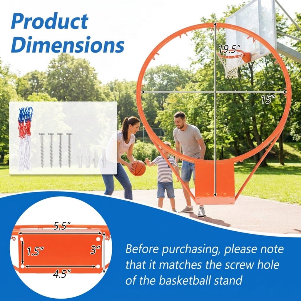 Airfind 15 Inch Replacement Basketball Rim with All-Weather Net and Heavy-Duty Powder-Coated Steel Frame for Youth Backboard Hoop Repair and Basketball Goal Restoration, Orange