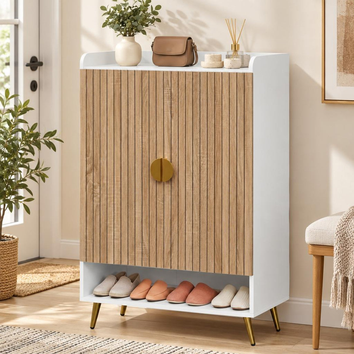 Airfind 44in Tall Shoe Storage Cabinet with 7-Tier Doors and Adjustable Shelves for Entryway, 110 lbs Capacity, Engineered Wood Metal Frame, White