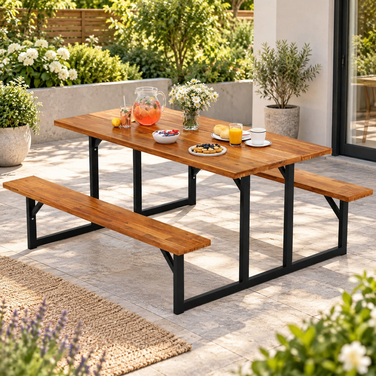 Airfind 6-Person Acacia Wood Picnic Table with 2 Built, of Tabletop 330 lbs Capacity, Acacia Wood Metal Frame, 63 x 61.5 x 29 Footprint, Wood