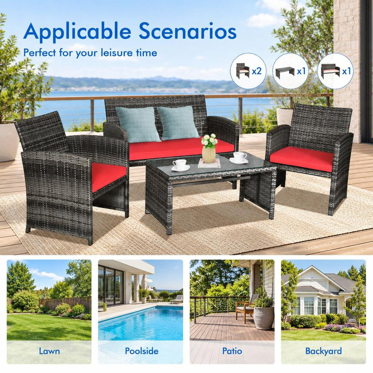 Airfind 4 Pieces Patio Rattan Furniture Set with Cushions, PE Rattan Polyester Fiber Steel Sponge Single Sofa Frame, Red