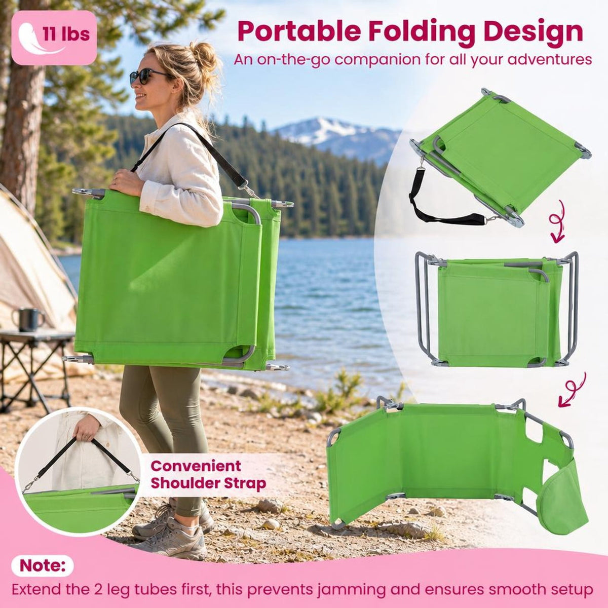 Airfind Folding Beach Lounge Chair with Adjustable Backrest for Lawn, 330 lbs Capacity, Metal Oxford Fabric Polyester Sponge Frame, Green