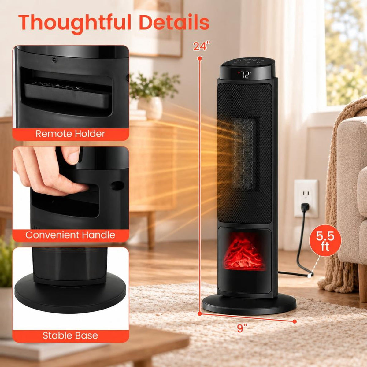 Airfind 24 Inch 1500W PTC Ceramic Tower Space Heater with 7-Color Flame, 9 Inch x 24 InchLength of Footprint for Everyday Use, Black