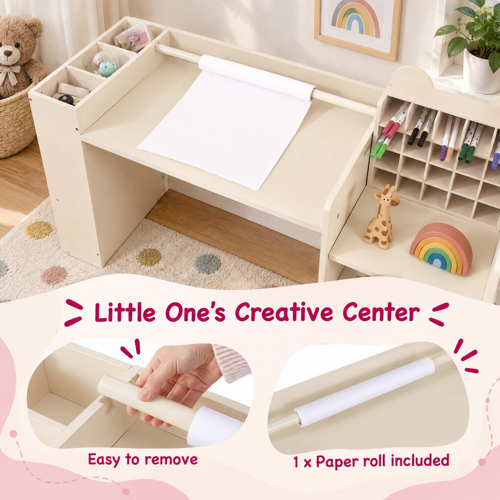 Airfind Kids Art Table and Chair Set with Detachable Paper Roll Holder and Cabinet, 66 lbs Capacity, MDF Frame, for 3+, Natural