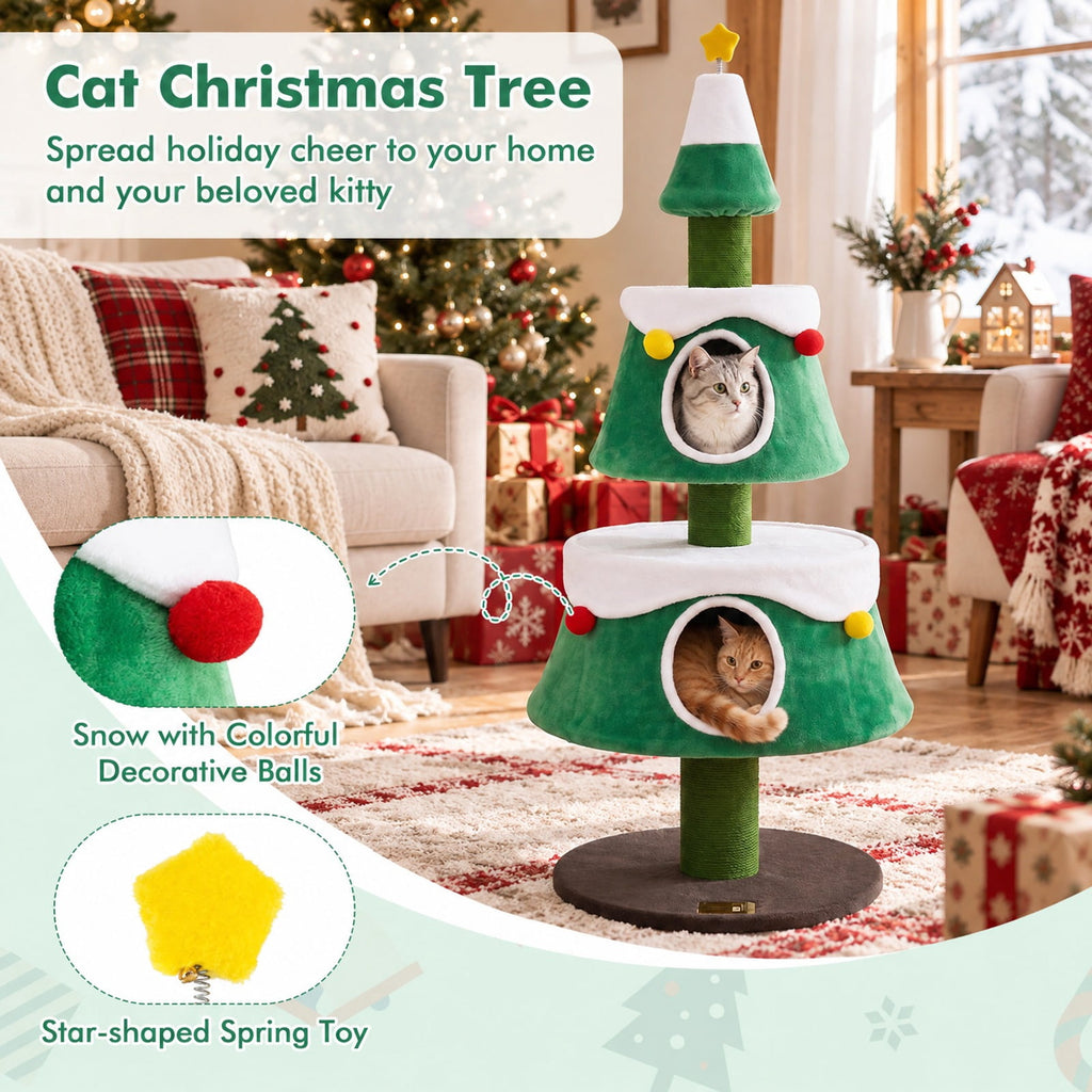 Airfind 61.5in Cat Christmas Tree for Indoor Kittens with 2 Large Condos Star Spring Toy and Decorative Balls, Green