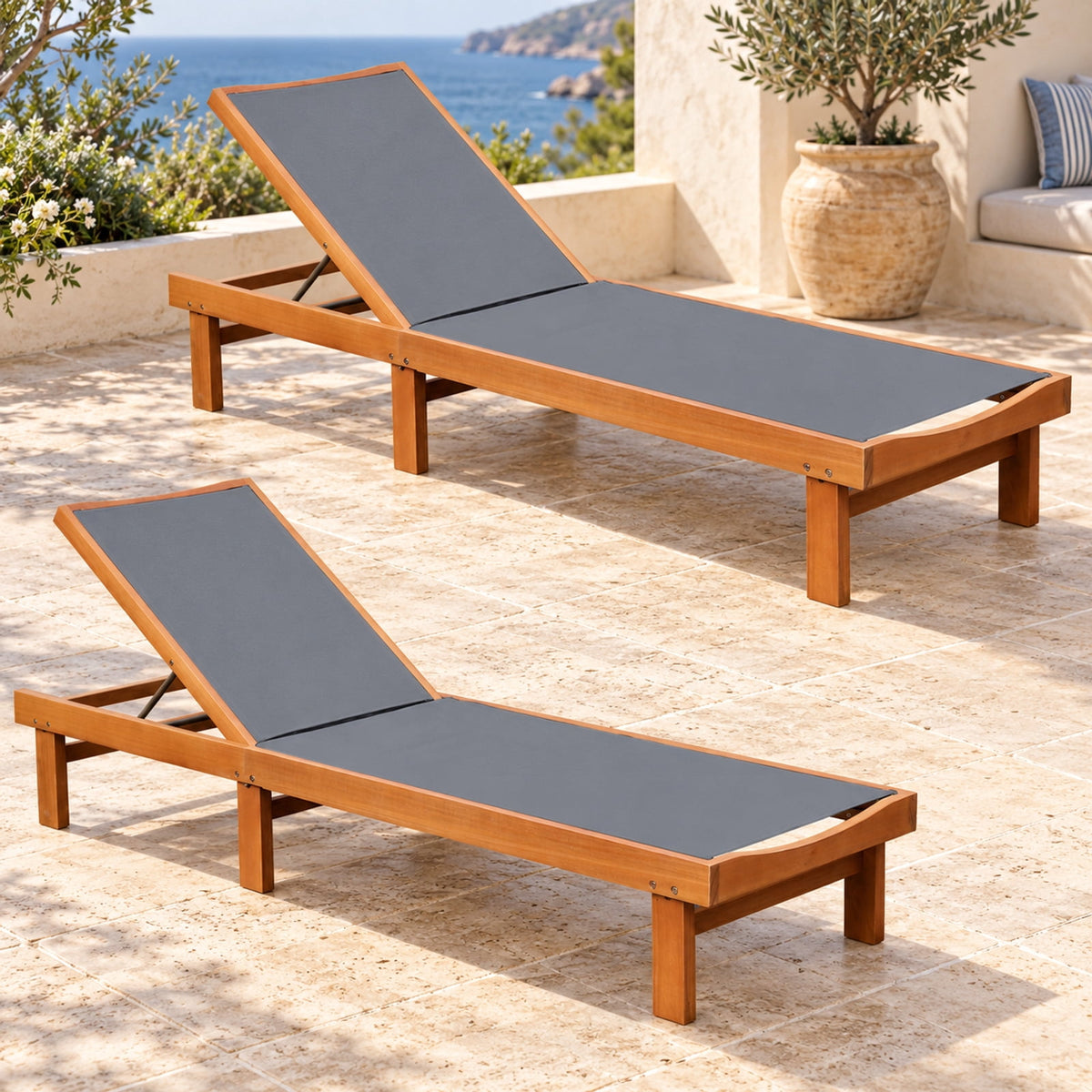 Airfind 5-Postion Backrest Adjustable Outdoor Wood Chaise Lounge Chair-2, 400 lbs Capacity, Fabric eucalyptus wood steel Frame, Wood