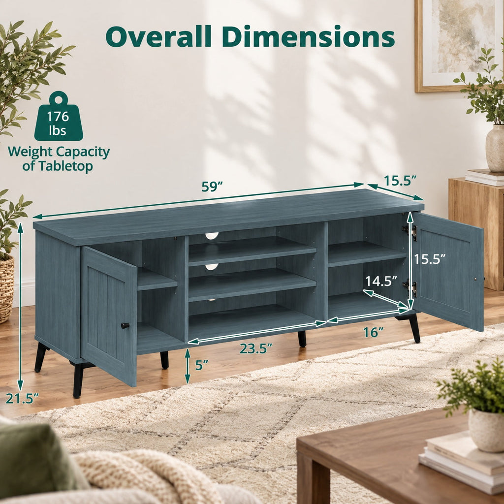Airfind 2-Door TV Stand for TVs up to 65 Inch Mid Century Modern Entertainment Center, 176 lbs Capacity, Engineered Wood Metal Frame, Turquoise