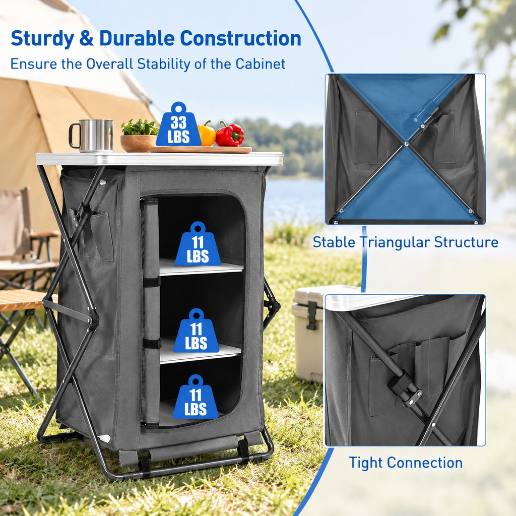 Airfind Folding Camping Storage Cabinet with 3 Shelves and Carry Bag, 33 lbs Weight capacity of each shelf: 11 lbs L: Capacity, Gray