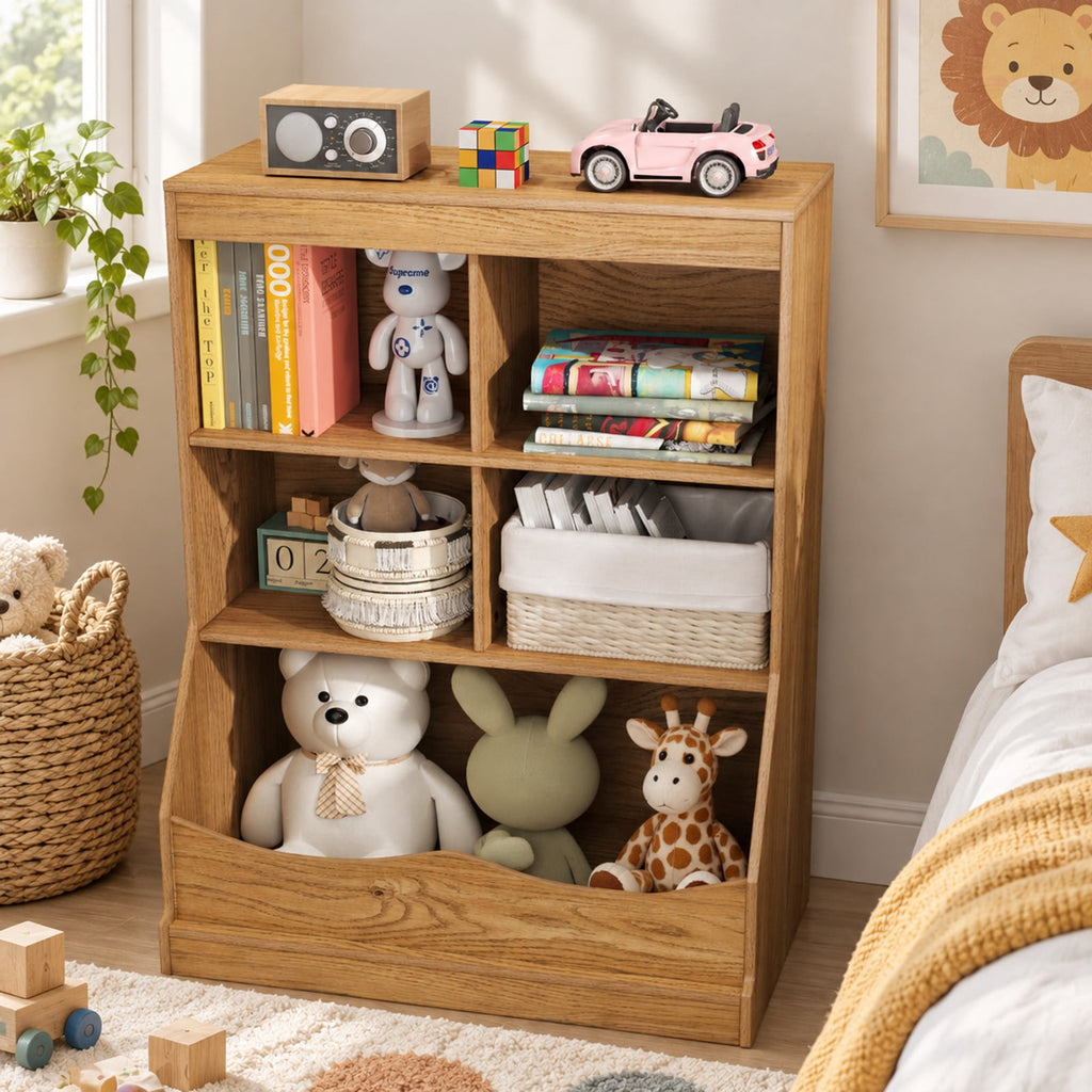 Airfind 3-Tier Youth Multi-Functional Bookcase Toy Storage Bin Floor Cabinet, 66 Lbs Capacity, MDF Engineered Wood, Natural