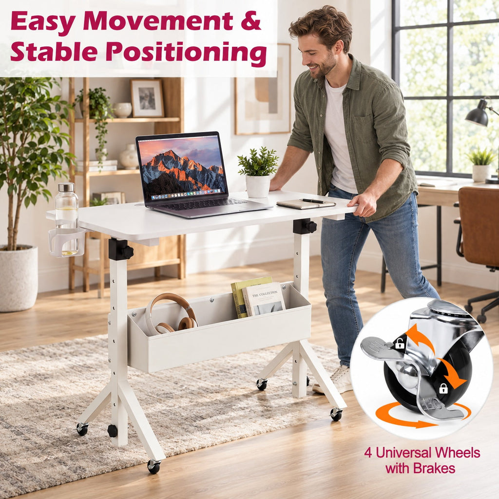 Airfind Mobile Standing Desk Height Adjustable Rolling Laptop Desk with Cup Holder Storage Basket, 110 lbs Capacity, White