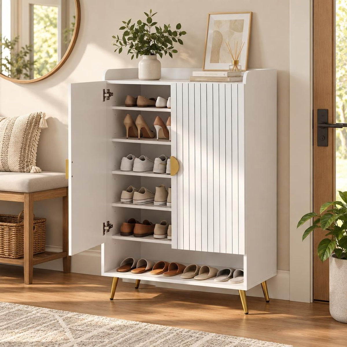 Airfind 44in Tall Shoe Storage Cabinet with 7-Tier Doors and Adjustable Shelves for Entryway, 110 lbs Capacity, Engineered Wood Metal Frame, White