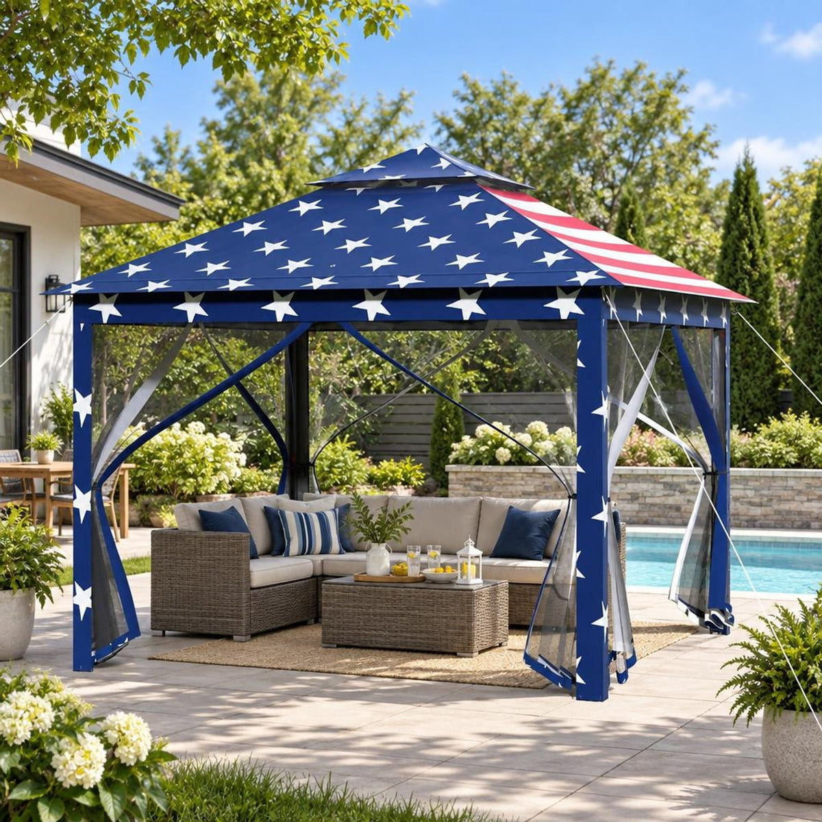 Airfind 11 x 11 Feet 2-Tier Pop-Up Gazebo Tent Portable Canopy Shelter Carry Bag Mesh, Polyester fabric steel pipe Frame, Blue