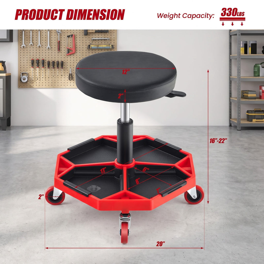 Airfind 330 LBS Capacity Pneumatic Rolling Mechanic Stool with Padded Seat, 20 x 20 x 16 inch Footprint, Red