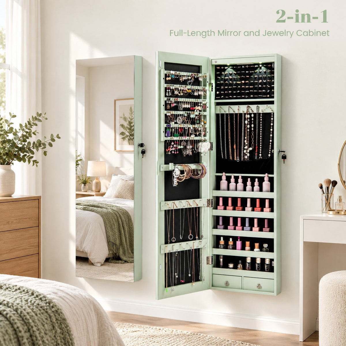 Airfind Wall and Door Mounted Mirrored Jewelry Cabinet with Lights, MDF Board Glass Mirror Frame, 14 Inch x 4 Inch x 54.5 Inch Footprint, Green